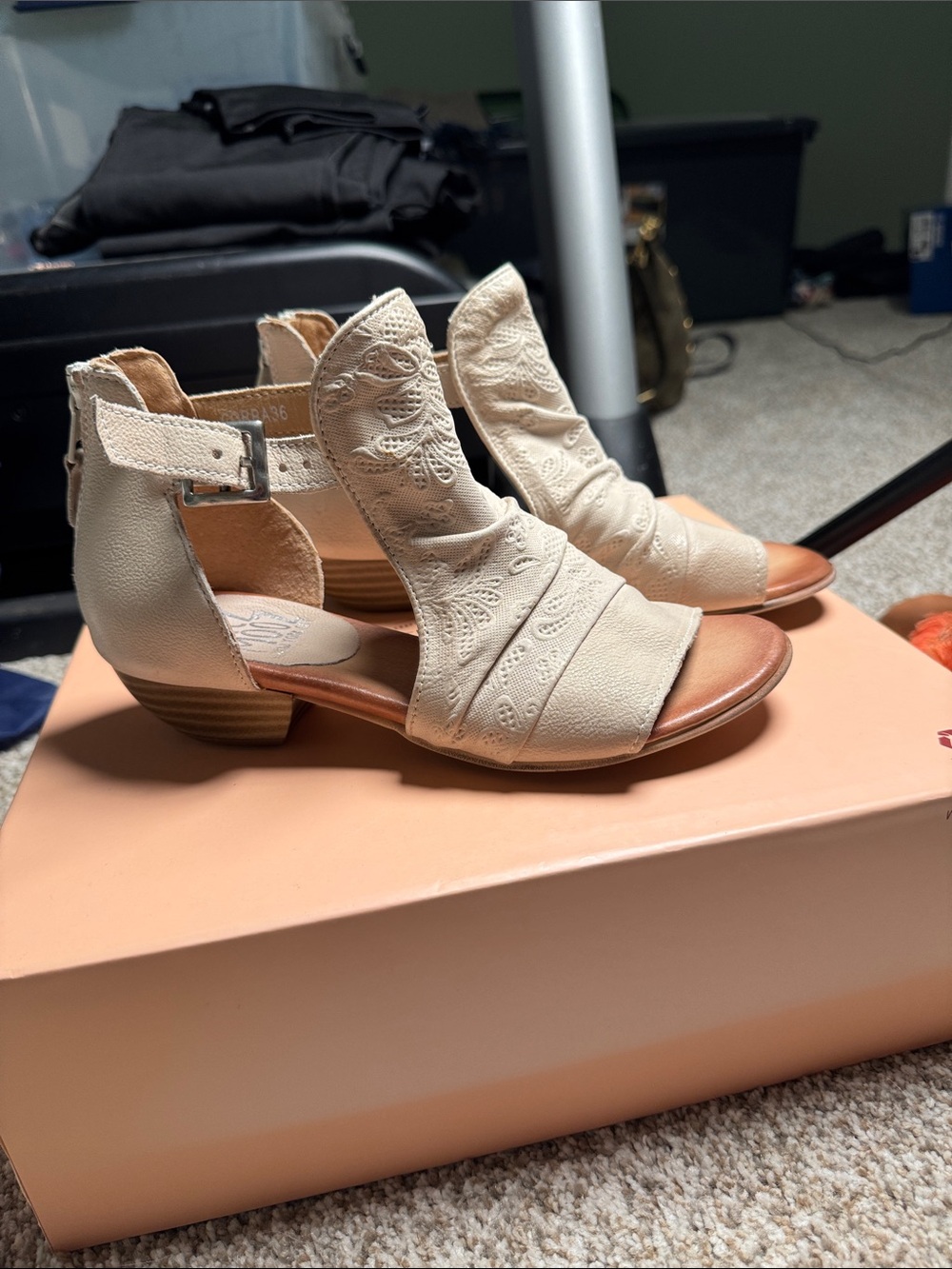 Miz Mooz Cream Open-Toe Embroidered Ankle Strap Sandals